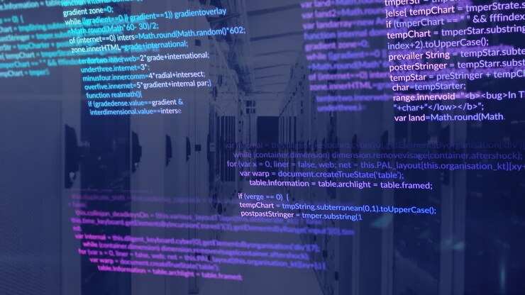 Animation of data processing and mosaic squares against computer server room