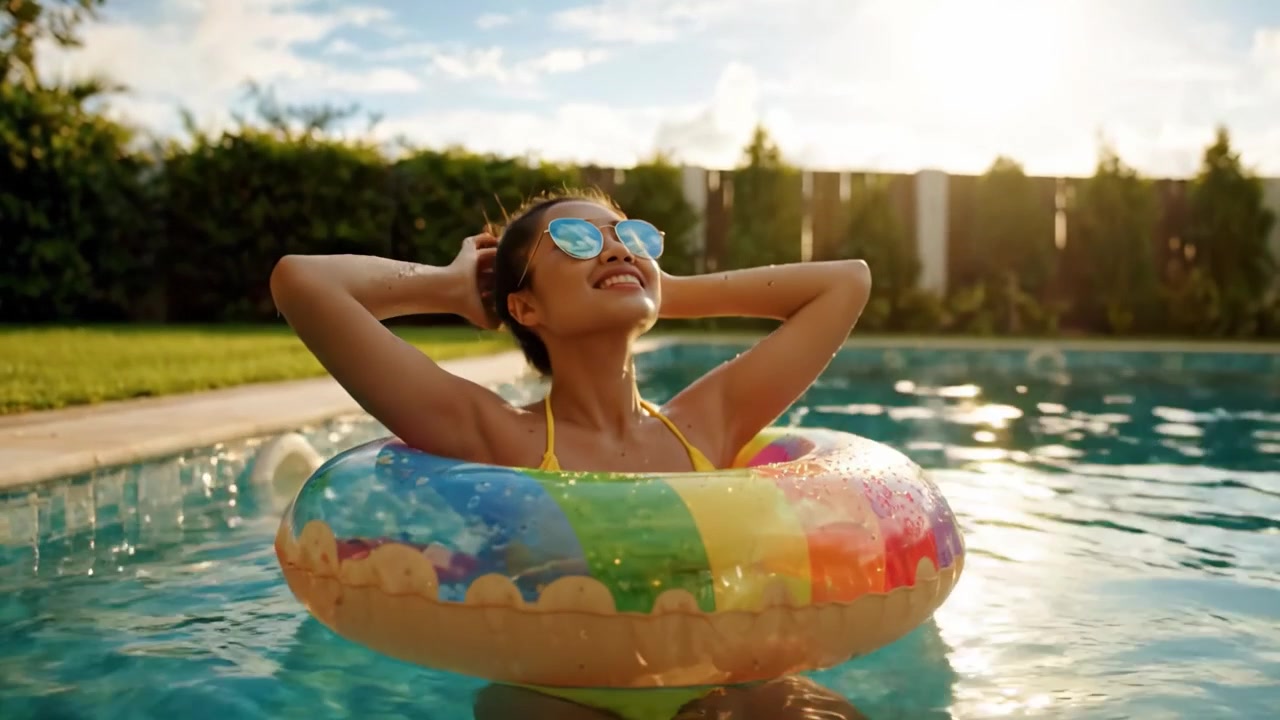 Relaxing by the Pool: A Joyful Woman Enjoys a Sunny Day with a Colorful Float in the Water, Embracing the Warmth and Serenity of Summer.