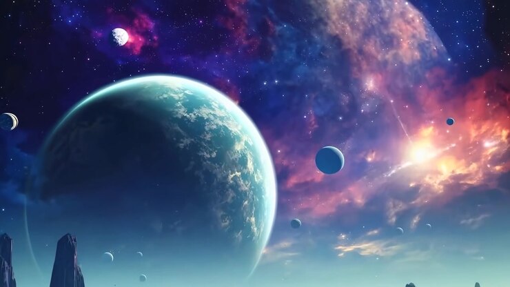 Ferner Planet und felsige Alien-Landschaft unter einem sternenübersäten Nebelhimmel