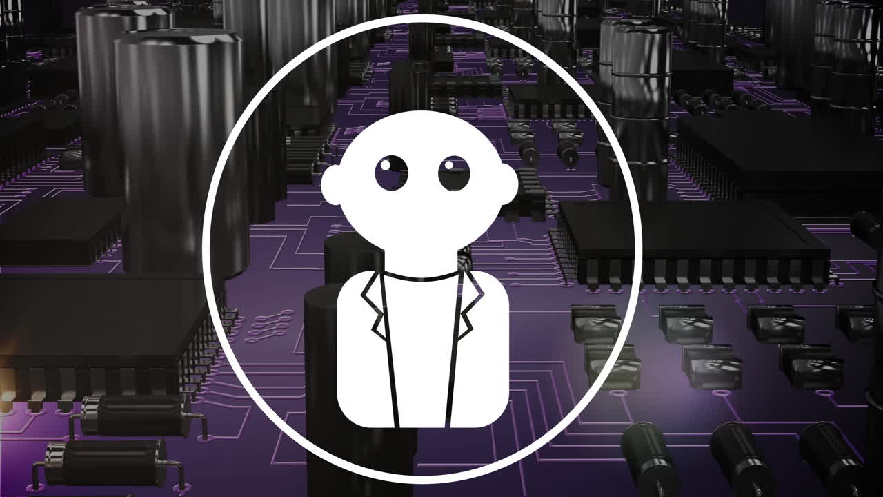 animación del procesamiento de datos digitales y el icono de chatbot artificial sobre la placa de circuitos