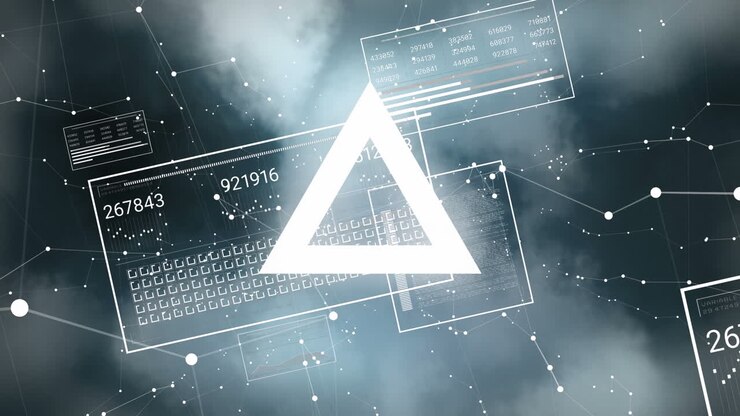 Animation of pulsating triangle and data processing over clouds