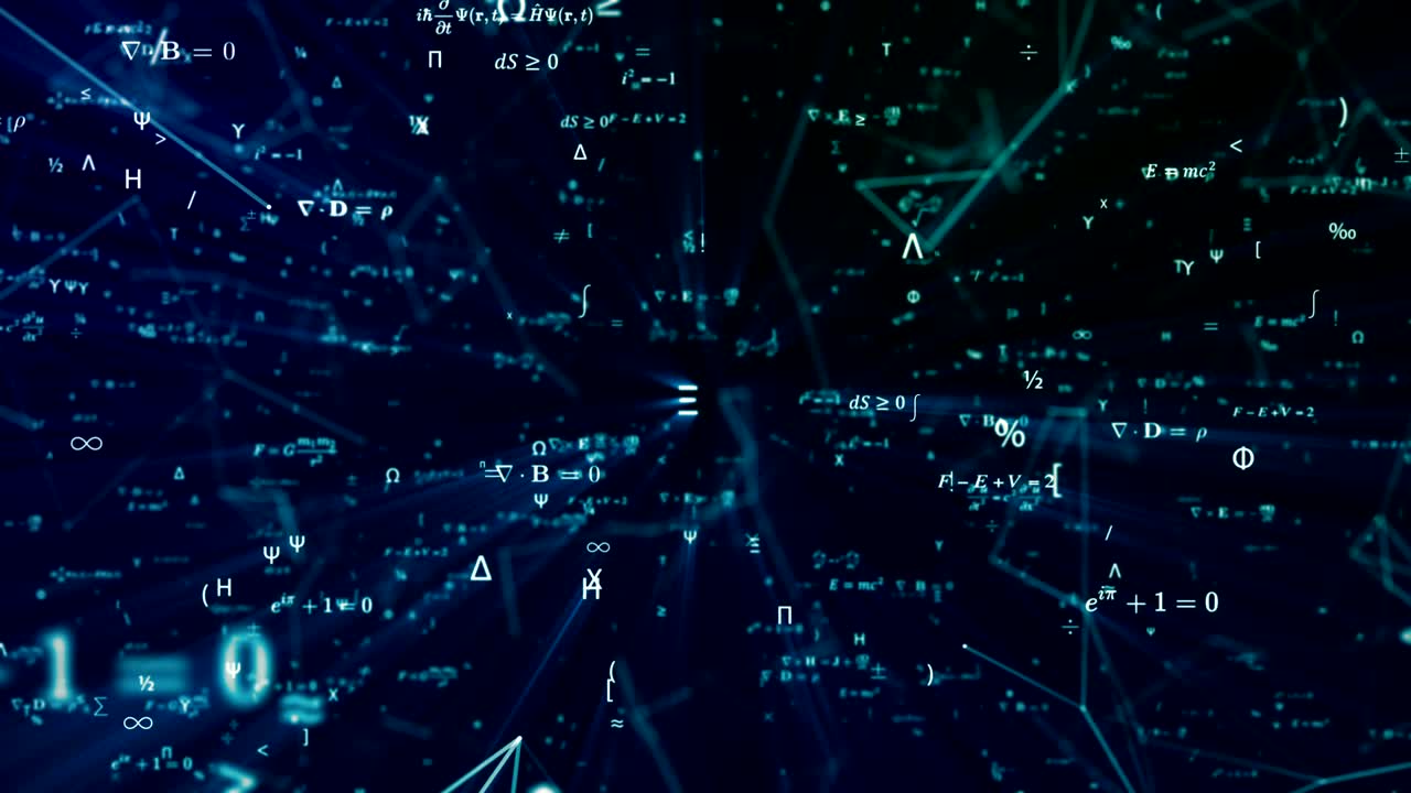 Digital futuristic animation with math, physics formulas and mesh network grid