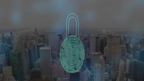 animación de un candado digital con patrón biométrico sobre una vista aérea del paisaje urbano contra el cielo