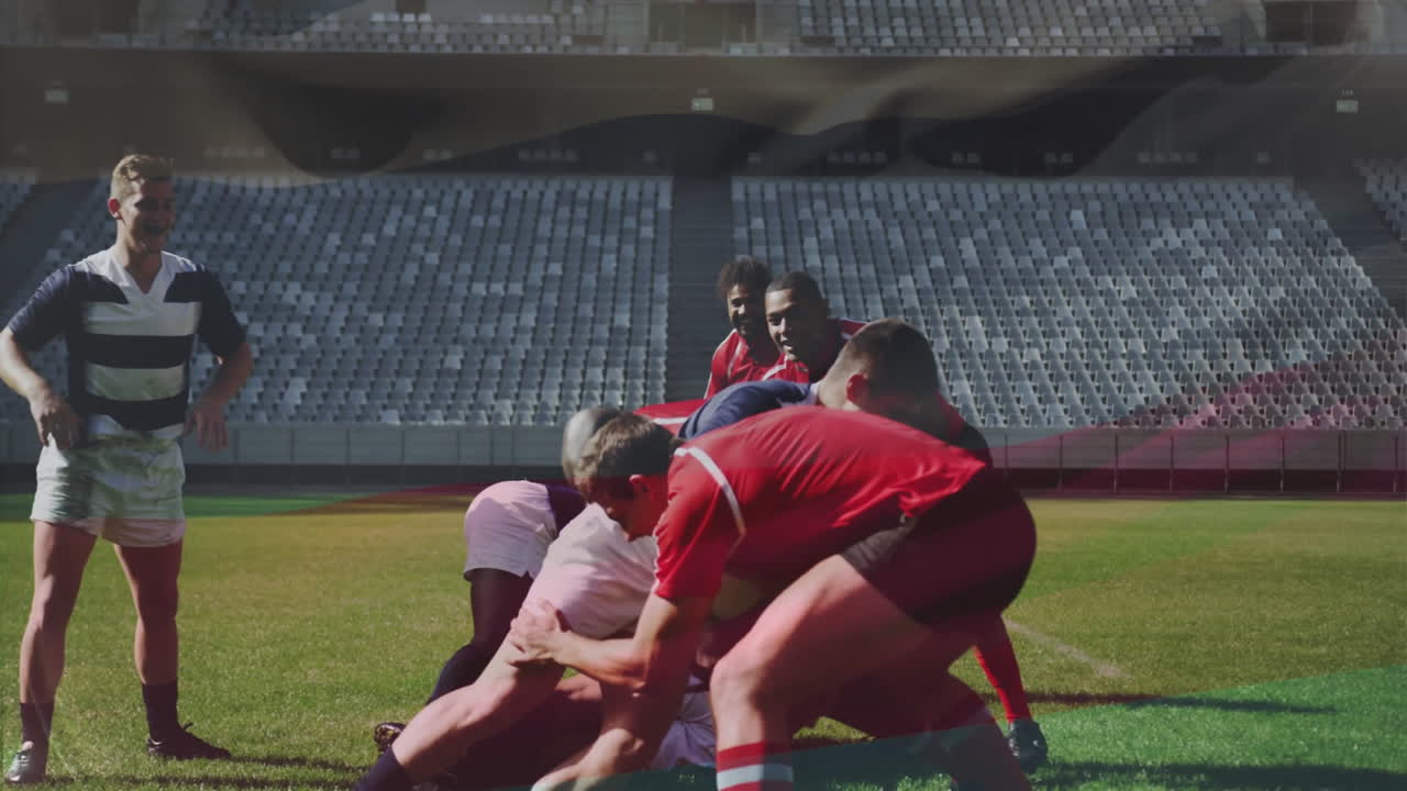Animation of flag of russia over diverse male rugby teams tackling on pitch during match