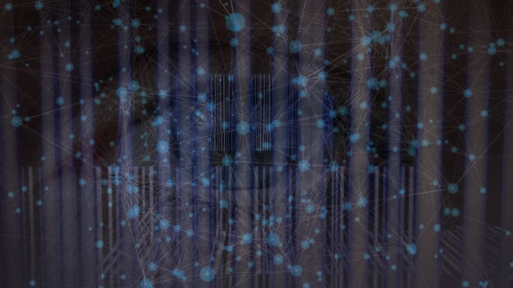 Animation of connections and eye of caucasian woman