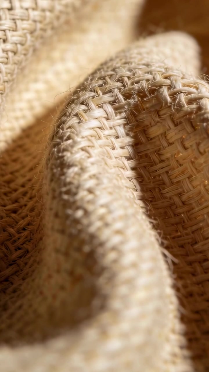 Vertikal video: Panorerende kamera viser foldet beige jute på skrivebord, fibre og riller viser tekstur.