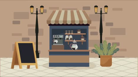animación de cafetería con estanterías y escena de pizarra