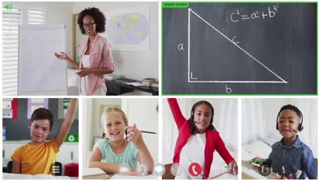 animation of six screens of diverse children, teacher and chalkboard during online maths lesson