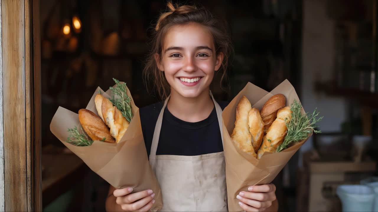 Young girl happily holds two bundles of freshly baked bread wrapped in paper, radiating joy and warmth in a cozy bakery environment filled with inviting details