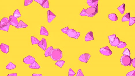 pink rubies fall on a yellow background. cartoon background. rain of gems.