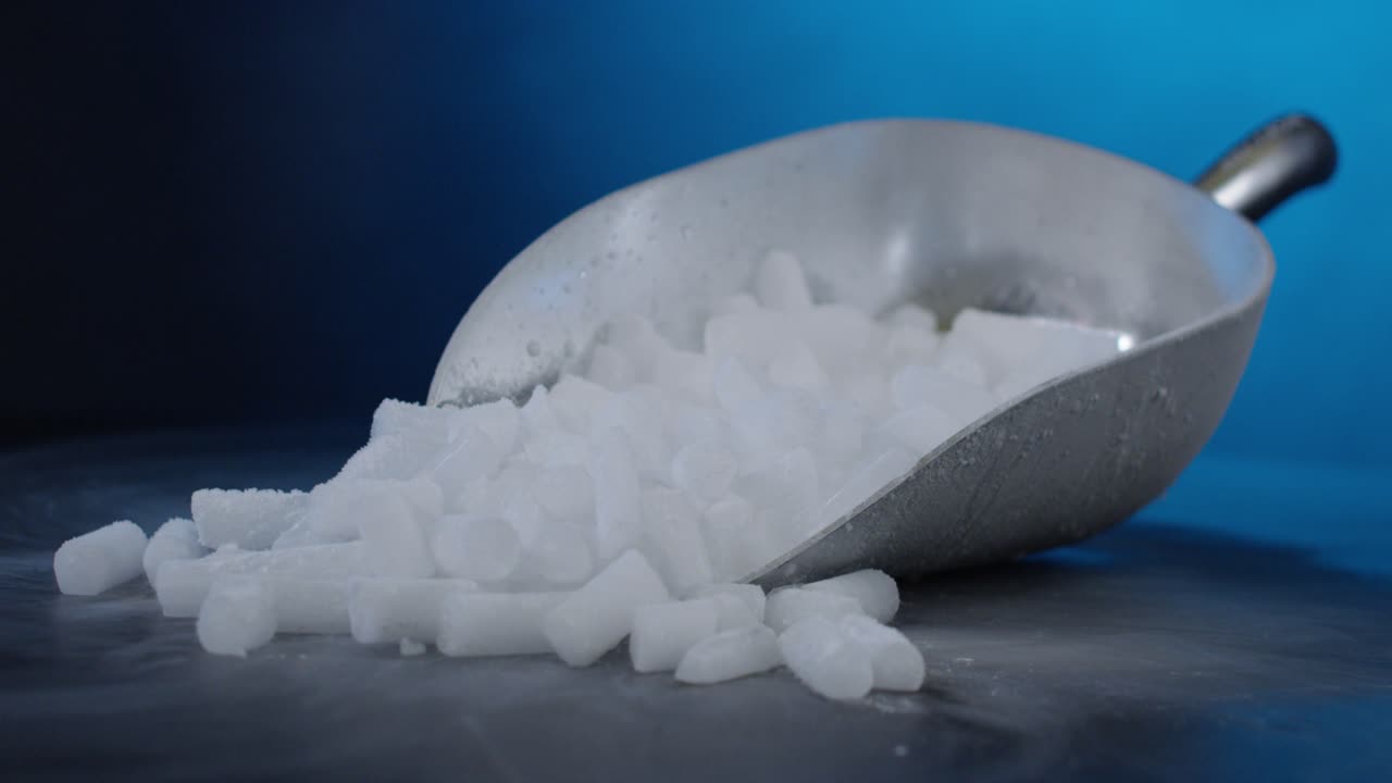 Scoop of Dry Ice pellets spinning on black table in slow motion