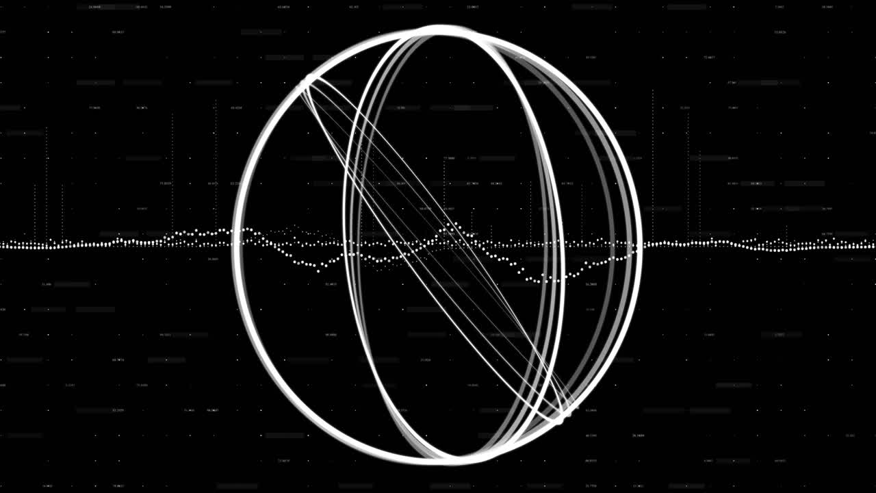 Rotating wireframe sphere and soundwave animation over black background with dots