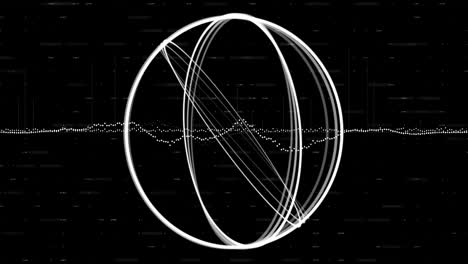rotating wireframe sphere and soundwave animation over black background with dots