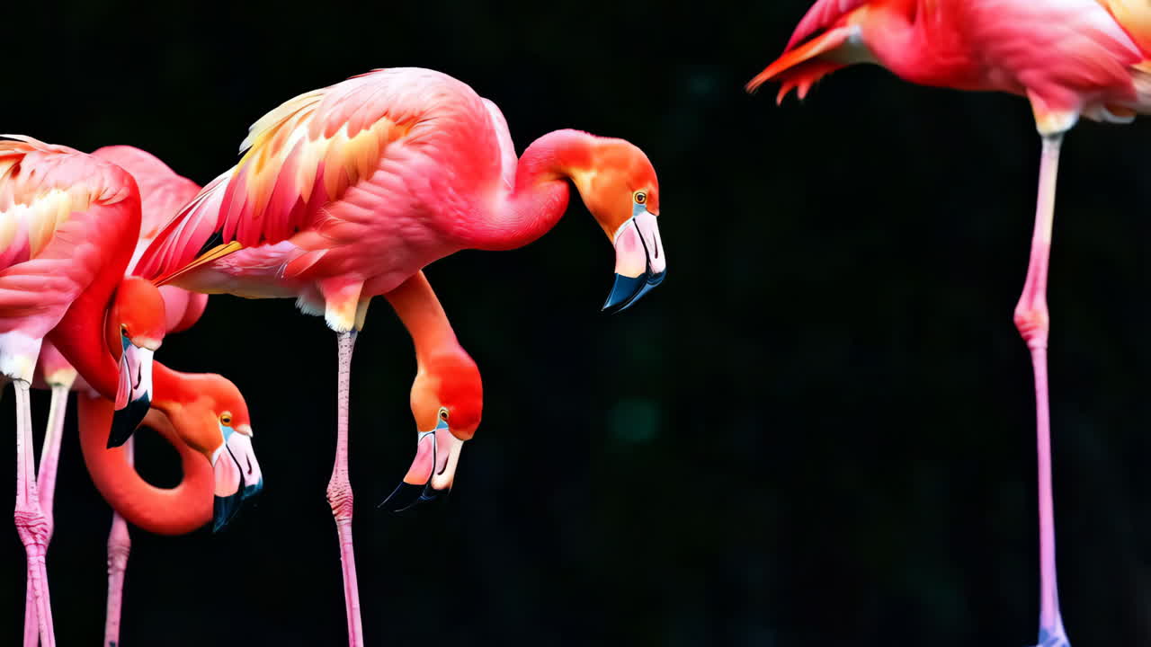 A group of vibrant pink flamingos with a dark background