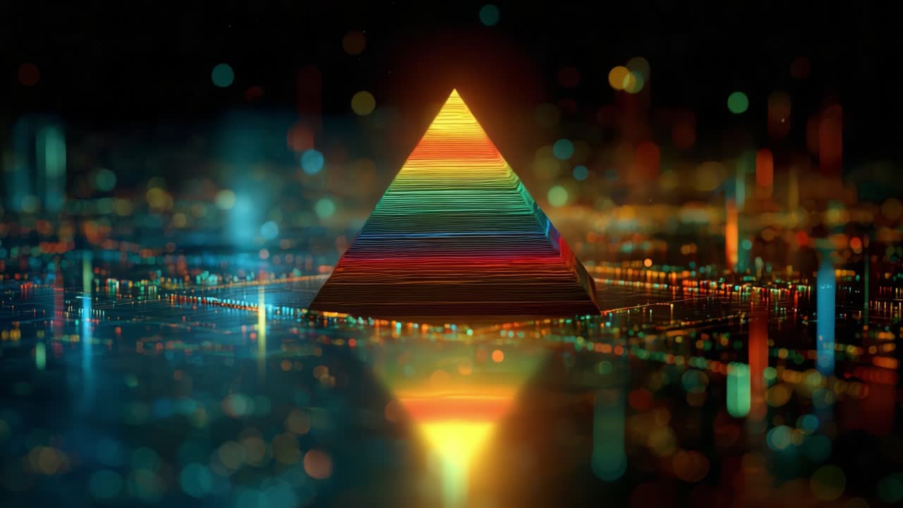 A mesmerizing pyramid made of vibrant, layered colors emits a stunning glow reflected on a shimmering surface, creating a captivating visual experience that blends art and technology with a hint of mystery