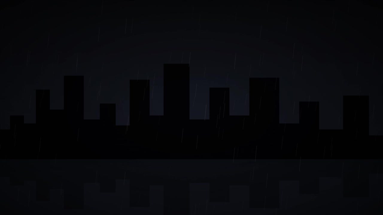 Lluvia cayendo sobre la silueta del horizonte de una ciudad oscura
