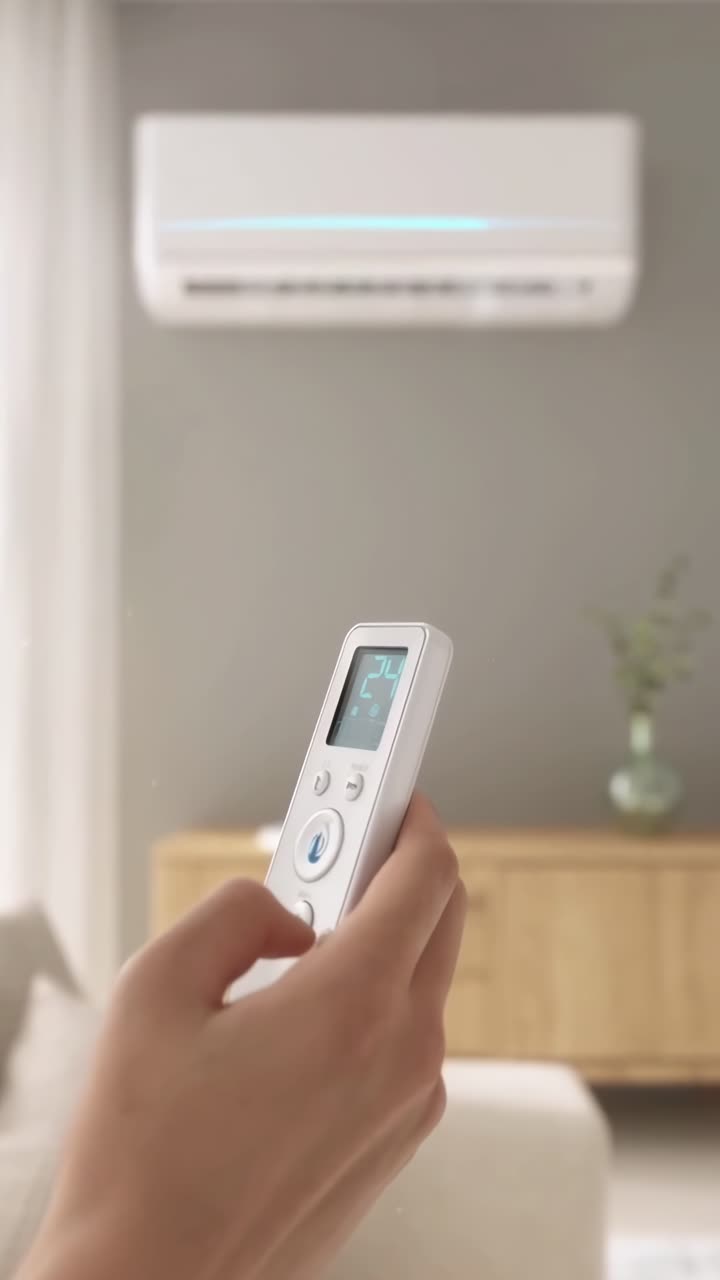 Primo piano, mano che tiene un telecomando, regolando l'aria condizionata. Stile moderno e pulito. Ideale per video tecnologici.