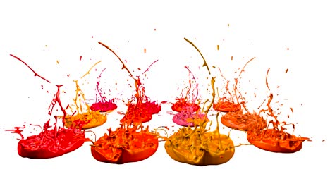 3d splashes of liquid. paint bounce in 4k on white background. simulation of splashes of ink on a musical speaker that play music. version shades of red 3