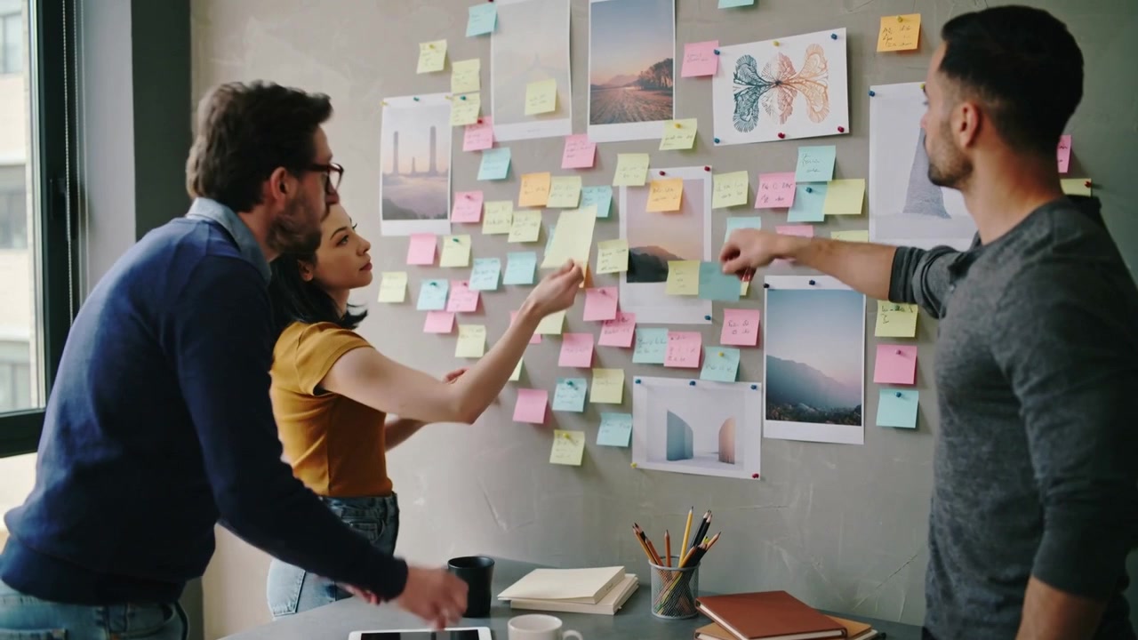 Team in brainstorming che attacca post-it su una parete in ufficio, con una donna in top color senape che li prende da un blocchetto.