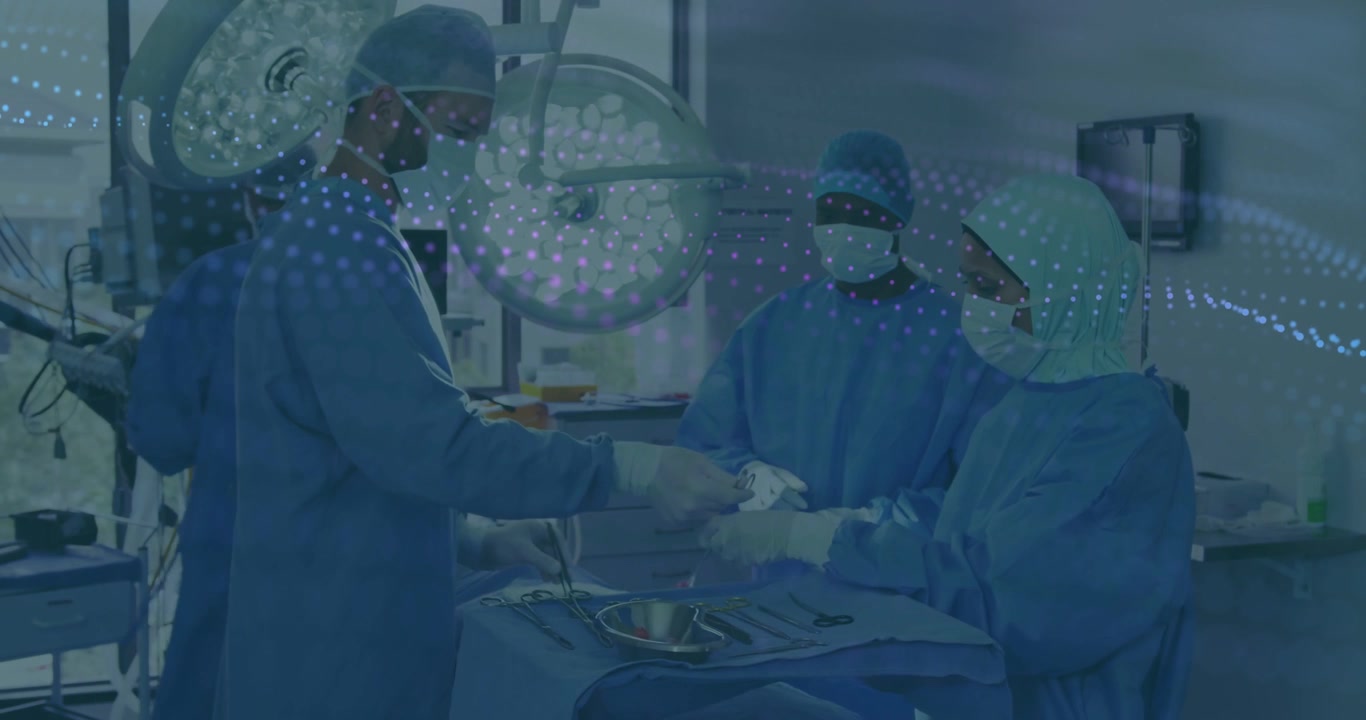 Lead surgeon reaching tray, team exchanging tools and prepping patient, dotted overlay obscuring