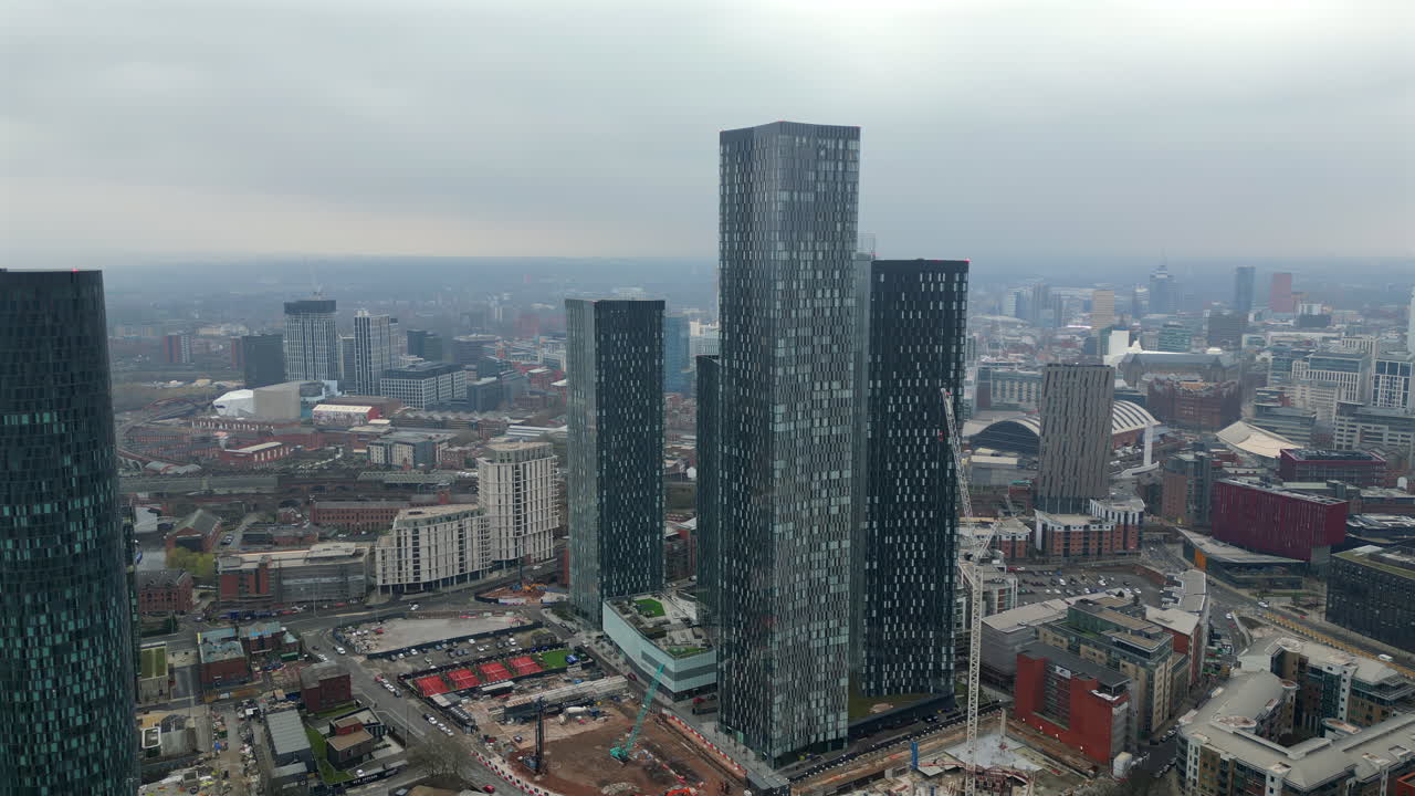 Aerial view of Deansgate street in Manchester City Centre, England