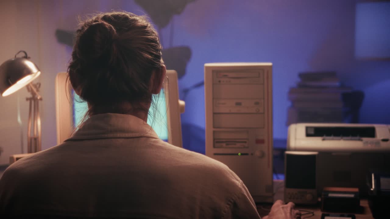 Man working and gaming on retro computer PC, IT engineer with vintage computer at home, using old fashion technology, close up of retro setup.