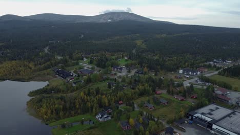 aerial drone shot of town near forest in iceland with lake
