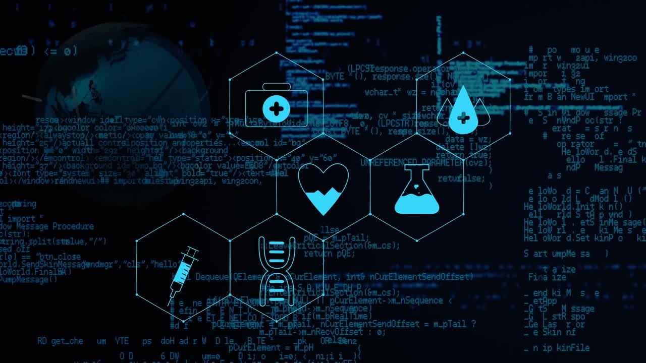 Animation of medical icons and data processing on black background