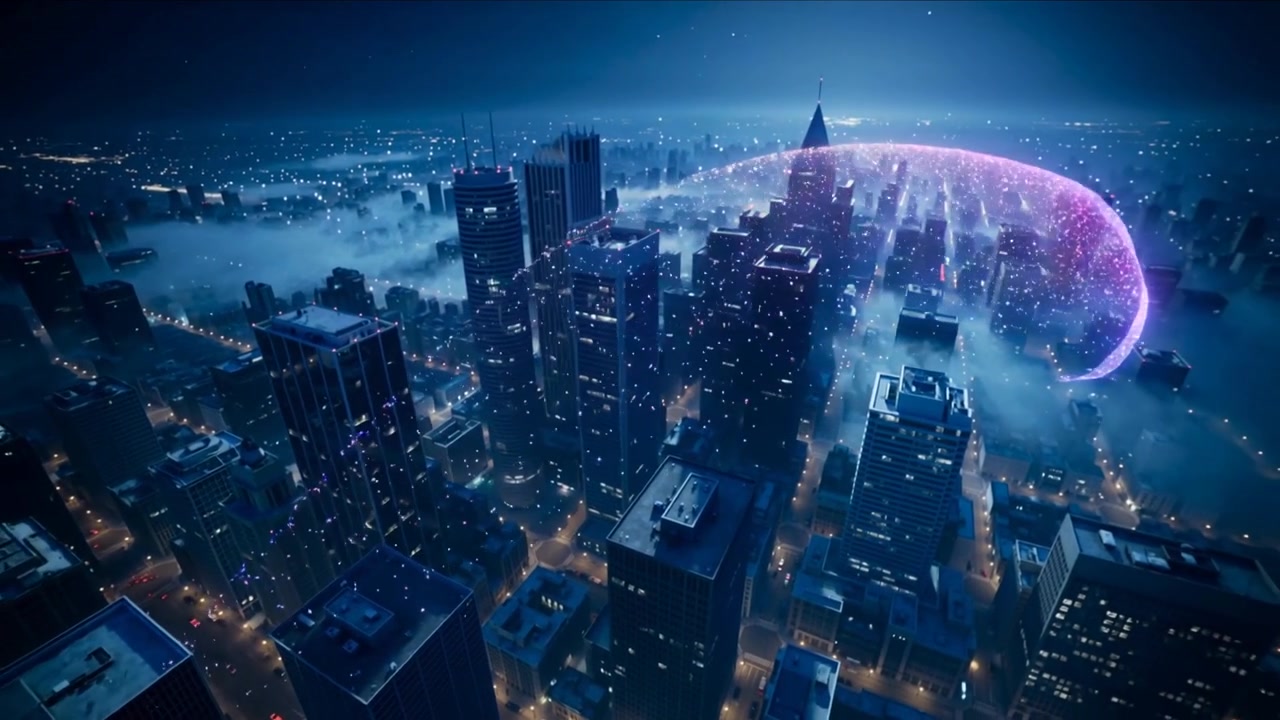 Emerging colorful particle ribbon sweeping over city skyline from left rooftop, lighting towers