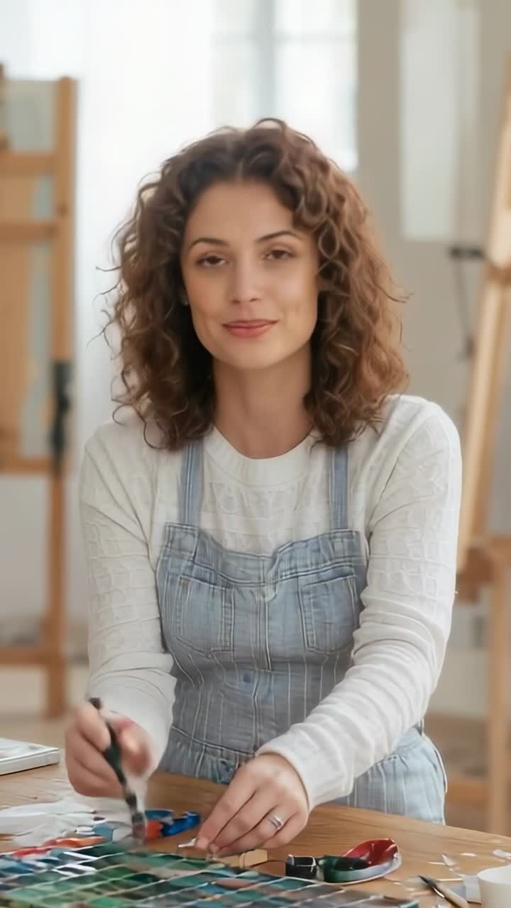 Video verticale: artista con un grembiule che mescola la vernice in studio, prepara la palette e poi alza lo sguardo