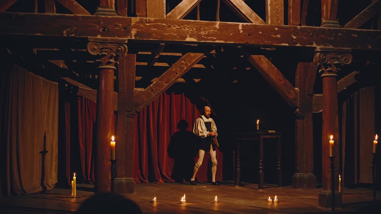 A dimly lit video scene captures a historical figure writing by candlelight