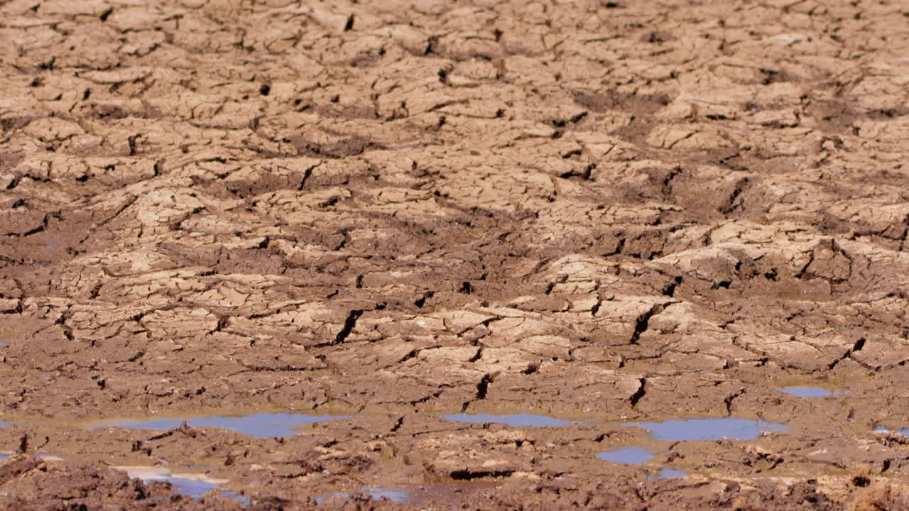 Tilt up shot of cracked ground on a hot afternoon in Kenya