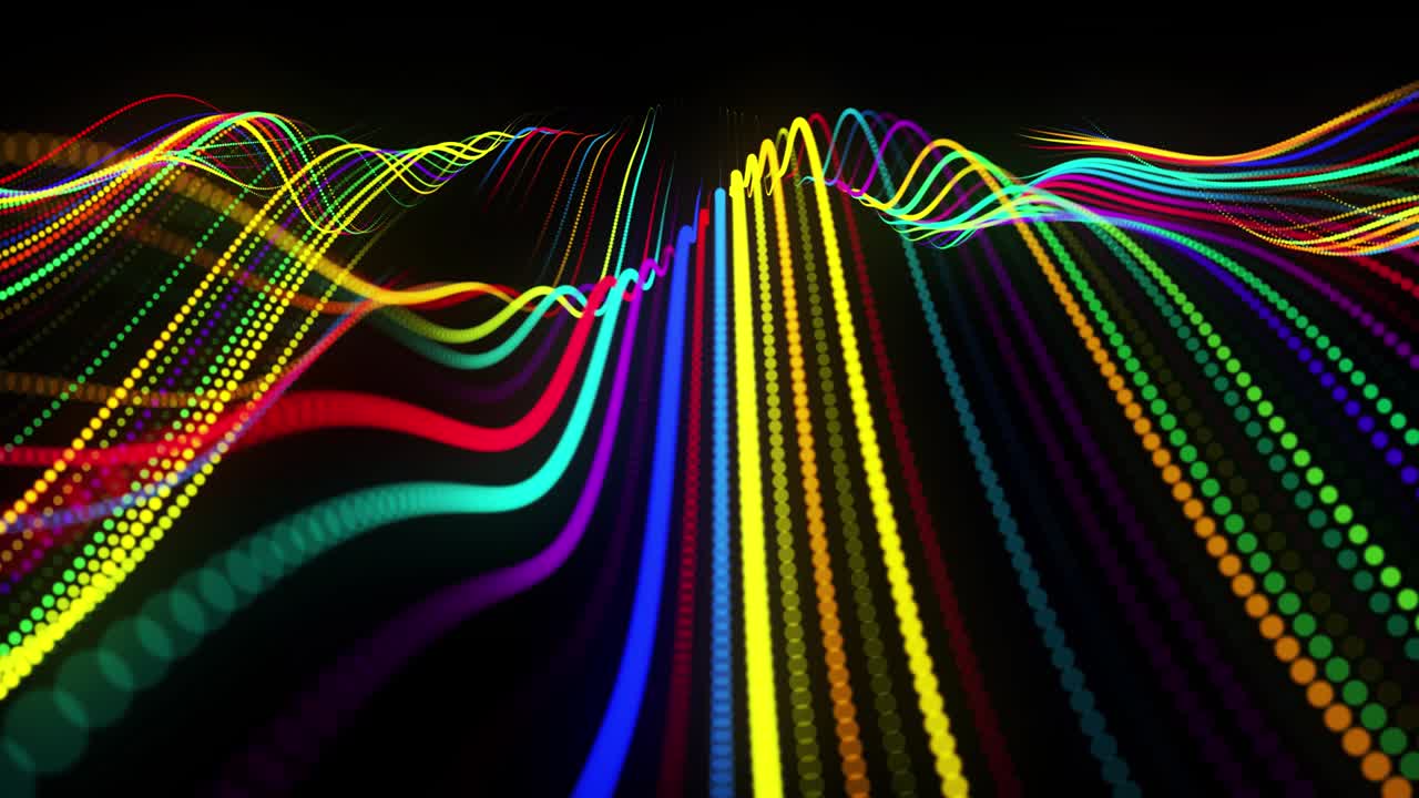 vj bucle festivo con partículas multicolores y cámara animada suave. bg 3d abstracto con partículas de brillo alineadas en fila a lo largo de líneas onduladas curvas en el espacio 3d. fondo de diseño de movimiento.