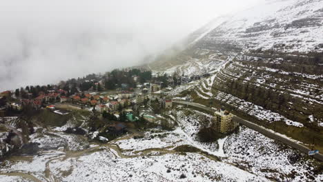 aerial over kfardebian, lebanon snowfall high altitude