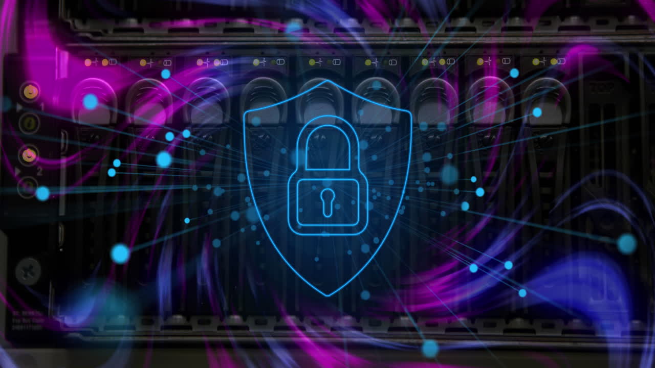 Digital composition of security padlock icon and digital waves against close up of computer server