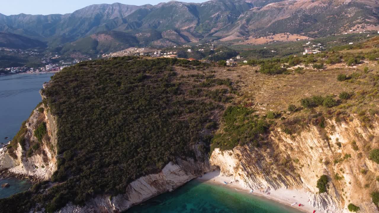 AERIAL Revealing Shot of the Beautiful Turquoise Beach in Himare, Albania