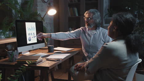 two business professionals discussing data on a computer