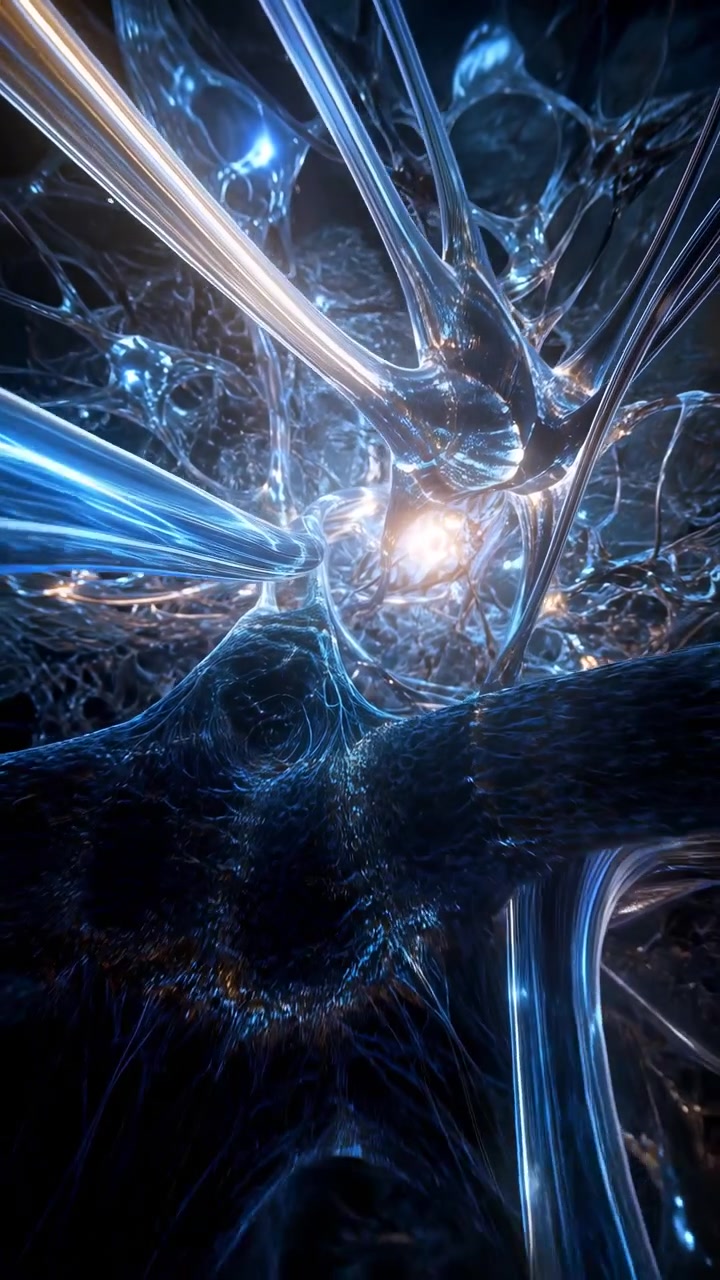 Abstract luminous strands move around bright central forms in dark surroundings, showing flowing curved lines, cool blue illumination, reflective textures, and intricate layered composition