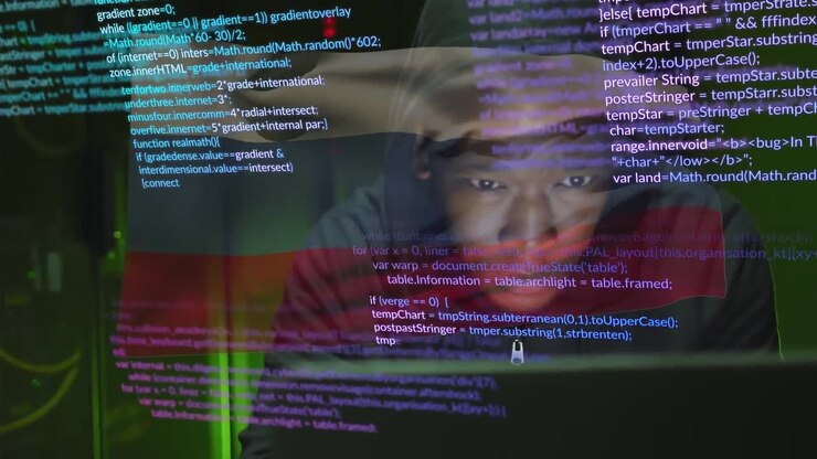 Animation of african american male hacker over data processing and flag of russia
