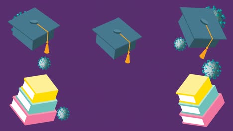 animación de los iconos de los libros y las gorras de graduación sobre las células del virus sobre un fondo púrpura.