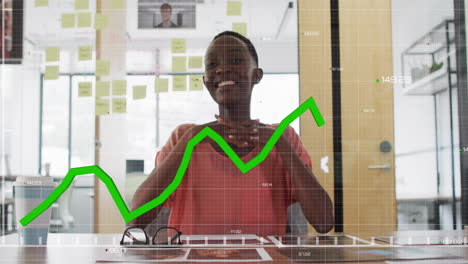 financial data graph animation over smiling businessperson in office with sticky notes