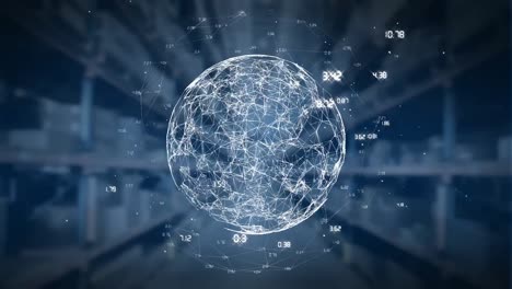 digital animation of globe of network of connections spinning against warehouse