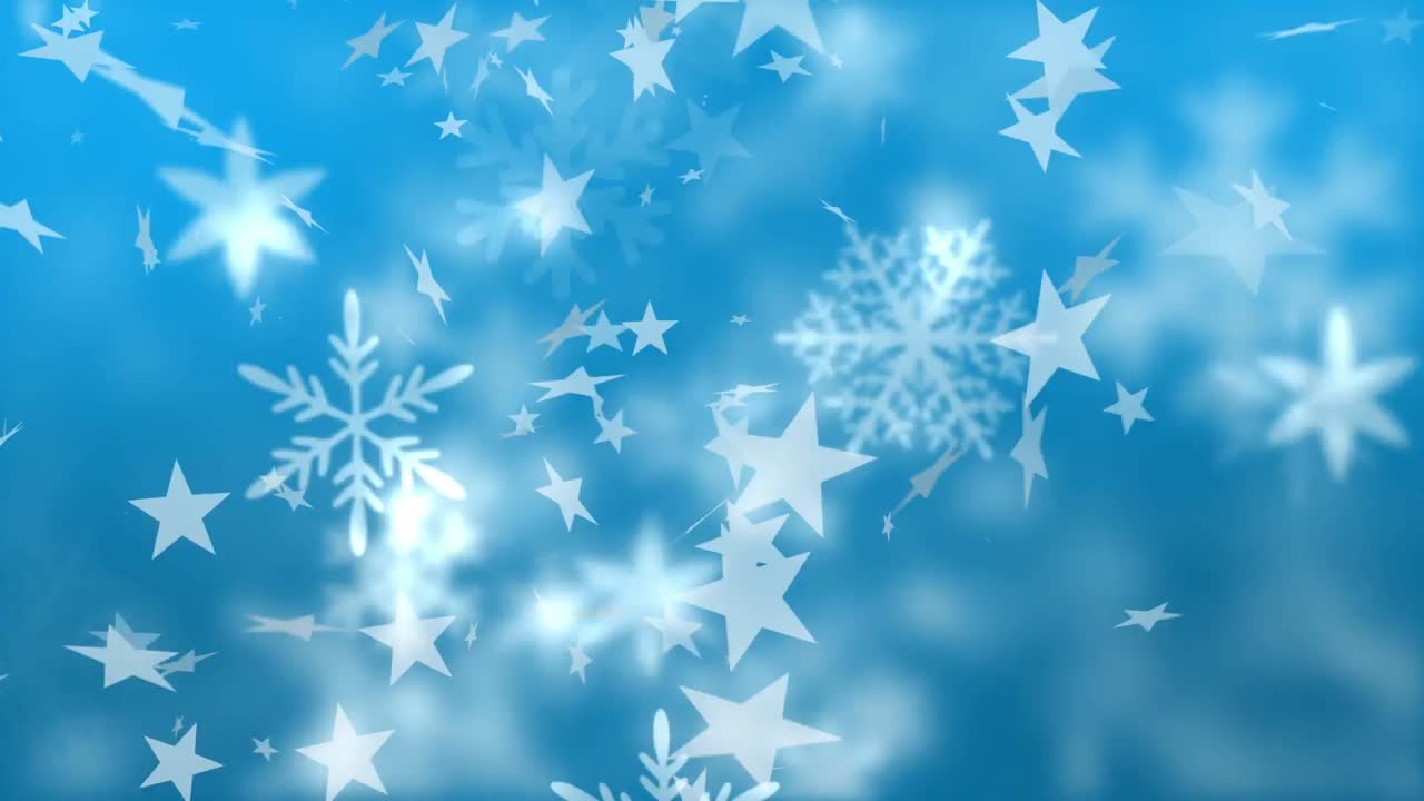 Animation of christmas stars and snowflakes falling over blue background