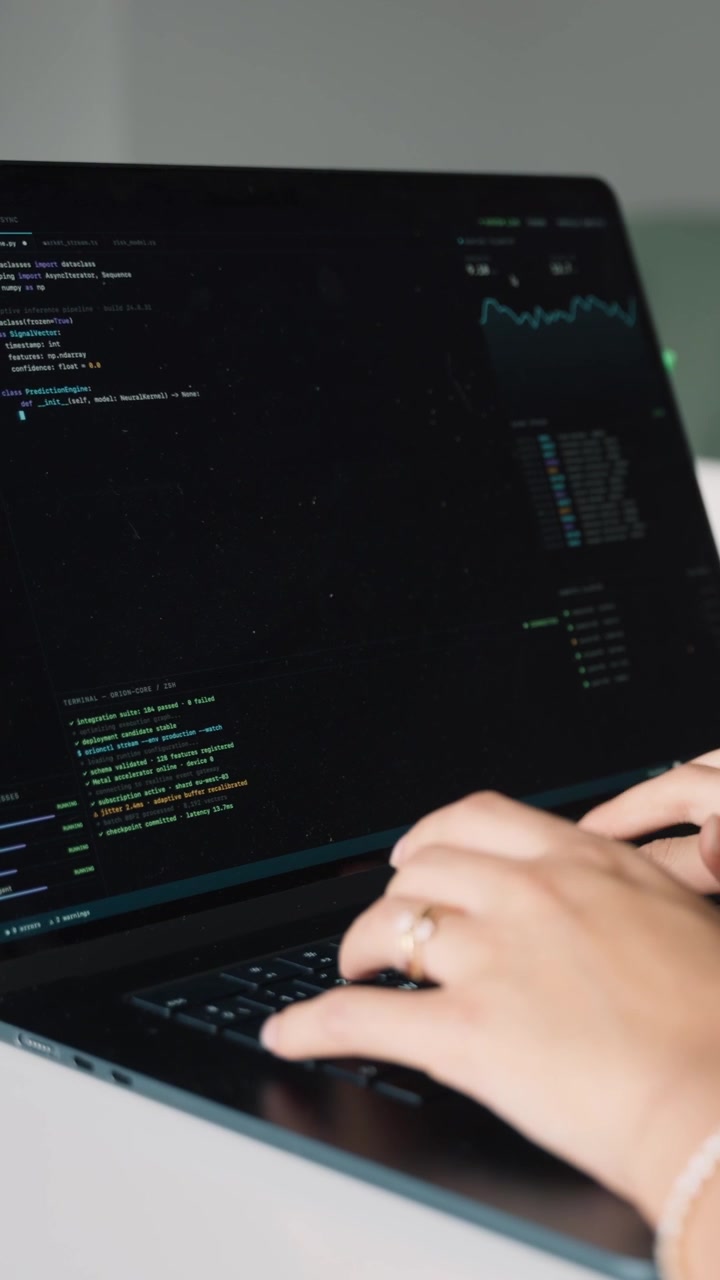 Sviluppatore software che scrive codice su laptop in ufficio