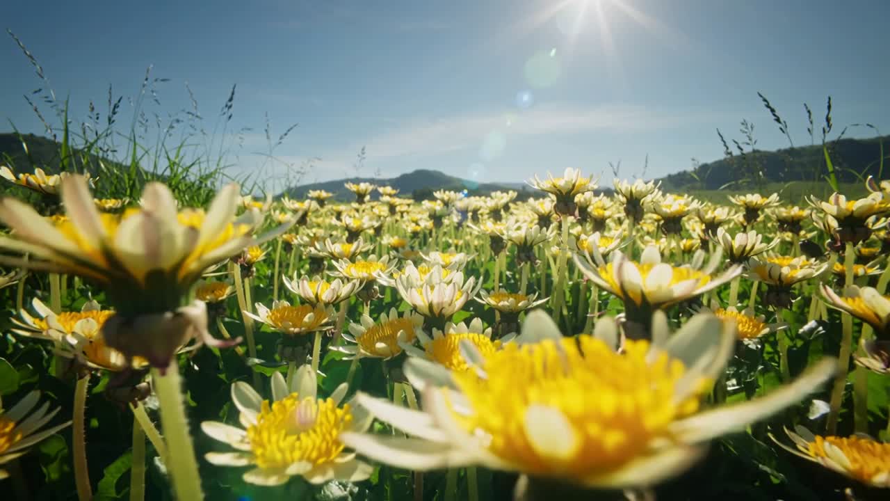 Pushing low camera revealing field of yellow-white daisies in sun, showing blossoms and lens flare
