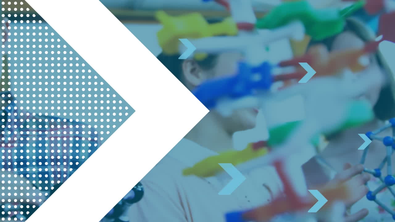 formas abstractas y los estudiantes interactúan con un modelo molecular en un entorno educativo de laboratorio.