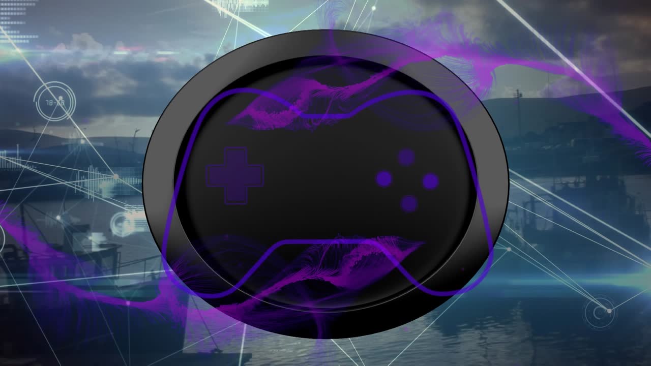 Animation of game pad, black circe, connections and cityscape