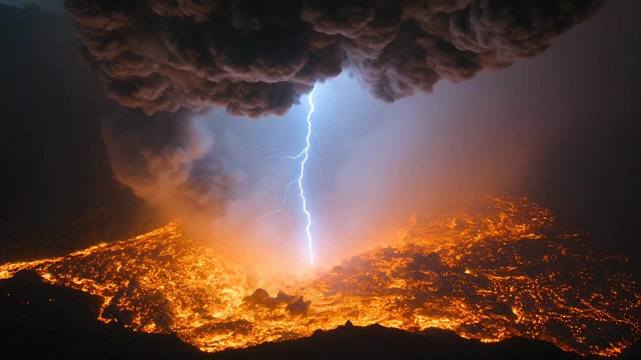 Un fulmine spettacolare che scende da una nuvola di cenere, entrando in contatto con lava fusa in un cratere, producendo vapore.