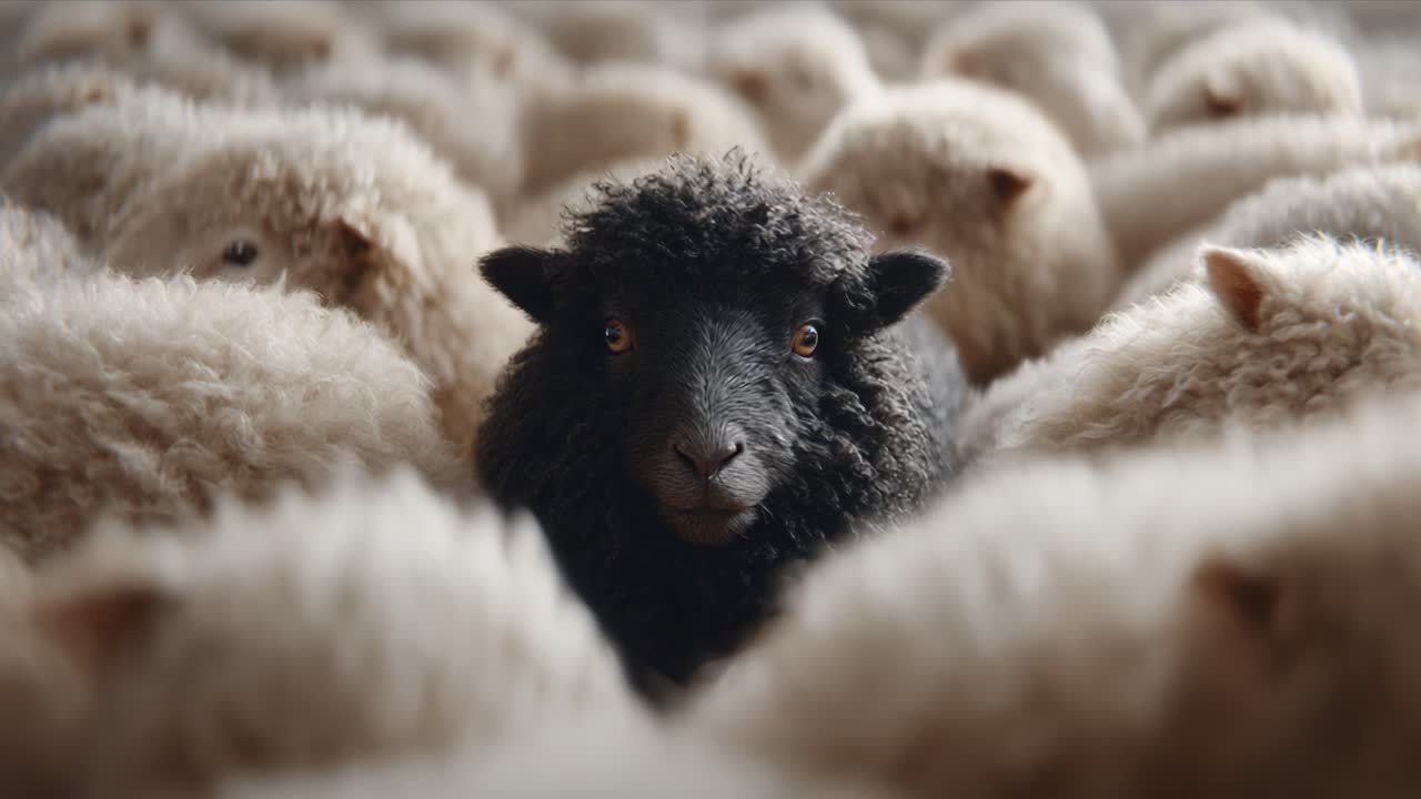 A Distinctive Black Sheep Stands Out Among a Crowd of White Sheep, Showcasing the Beauty of Diversity and Individuality in Nature's Flock