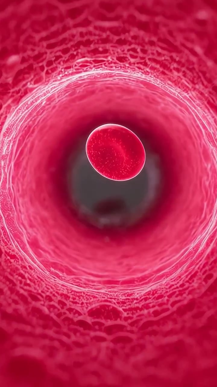 Video verticale: Telecamera in movimento, una singola cellula rossa che ruota e si muove lungo un vaso sanguigno con pareti striate.